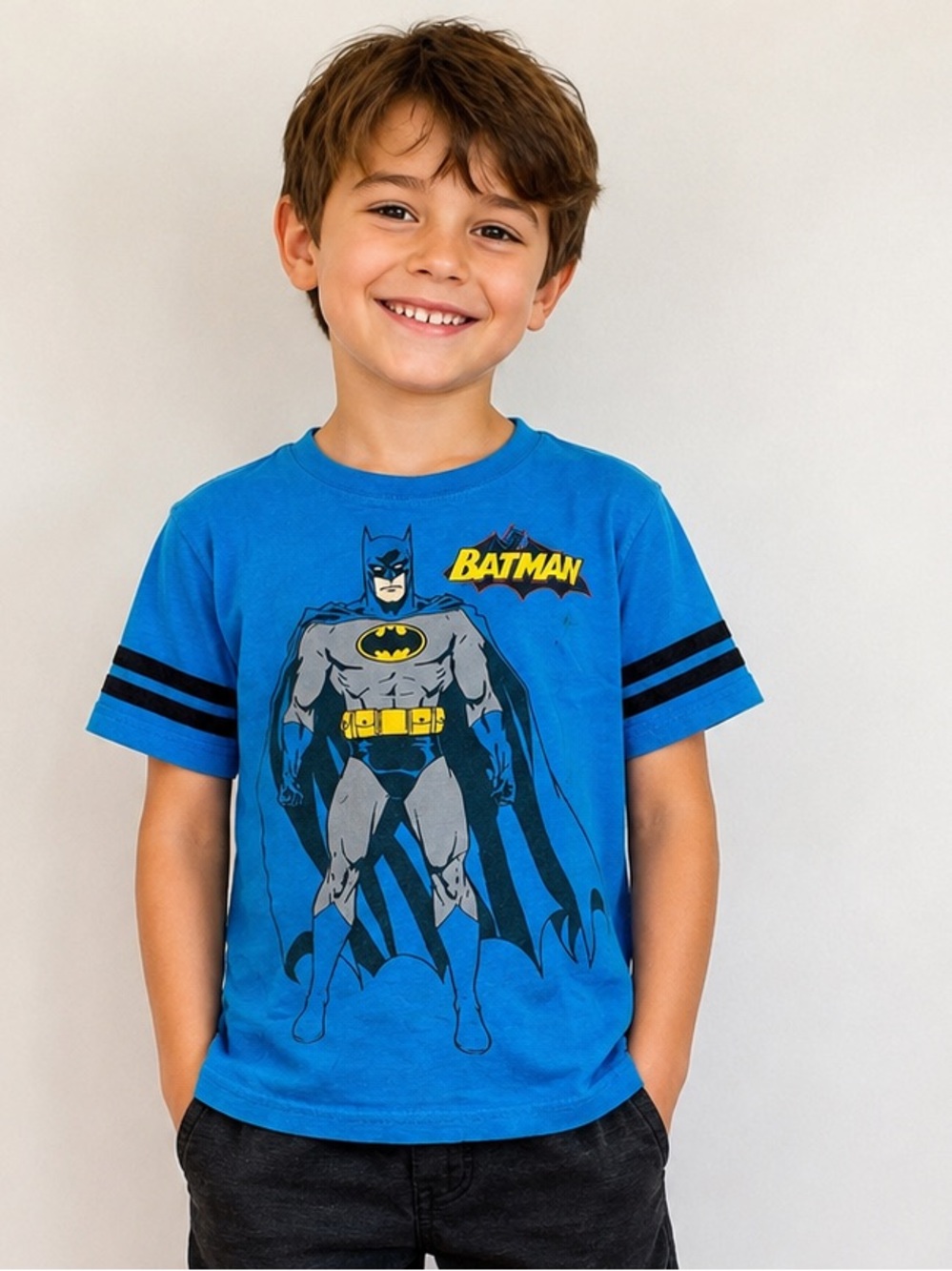 Vintage Batman T-Shirt Kids Size 7 Blue Graphic Double Stripe Sleeves